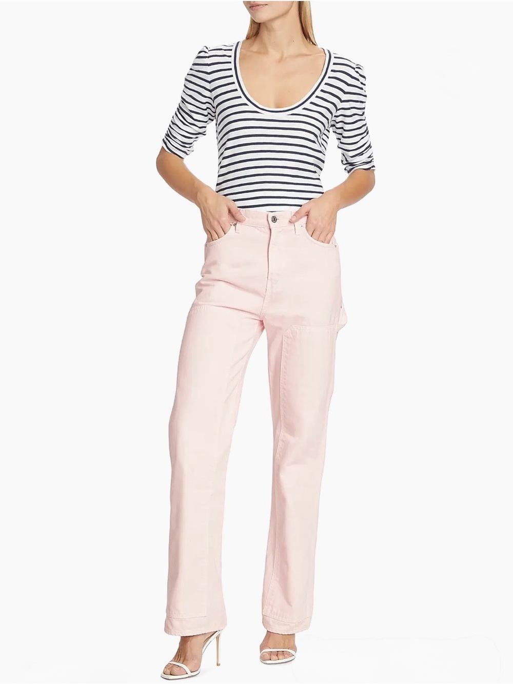 Veronica Beard Navy White Striped Netto Cotton Cinched Sleeve Scoop Neck Tee